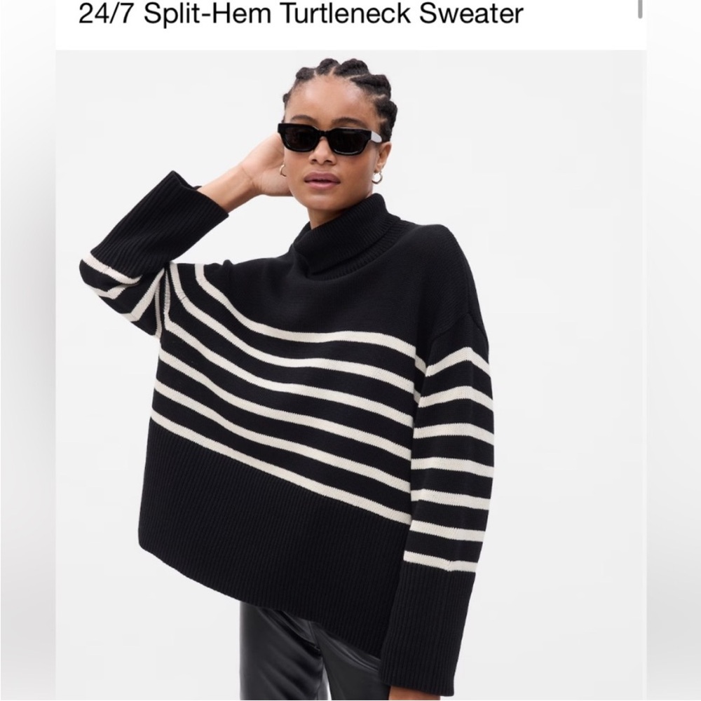 Gap 24/7 Split-Hem Turtleneck Sweater - Black & White Breton Stripe - Size Small